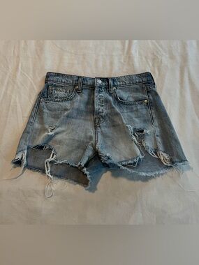 7 For All Mankind Monroe Cut Blue Distressed Denim Shorts Button Fly 26” Waist
